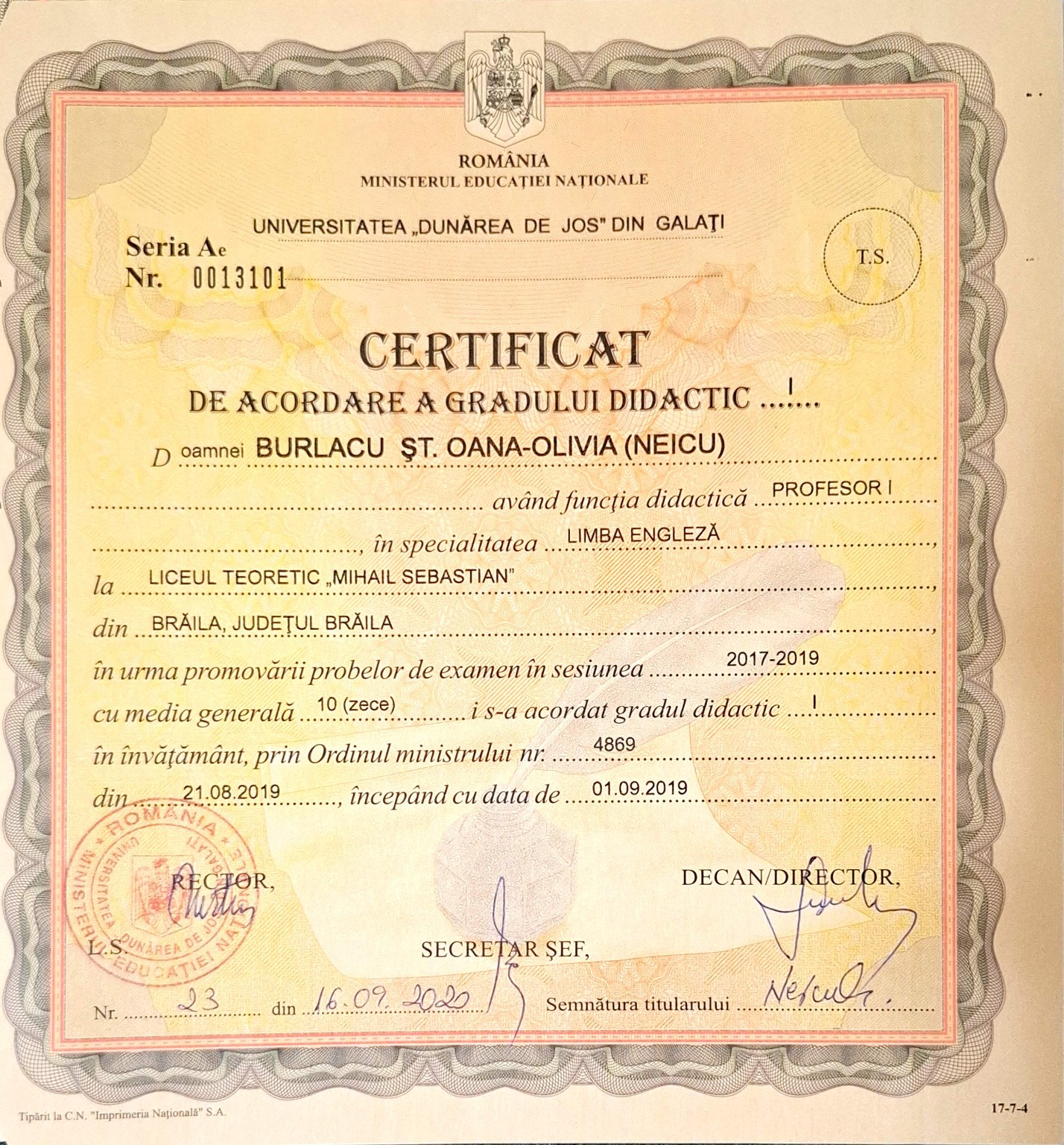 Certificat de acordare a gradului didactic I